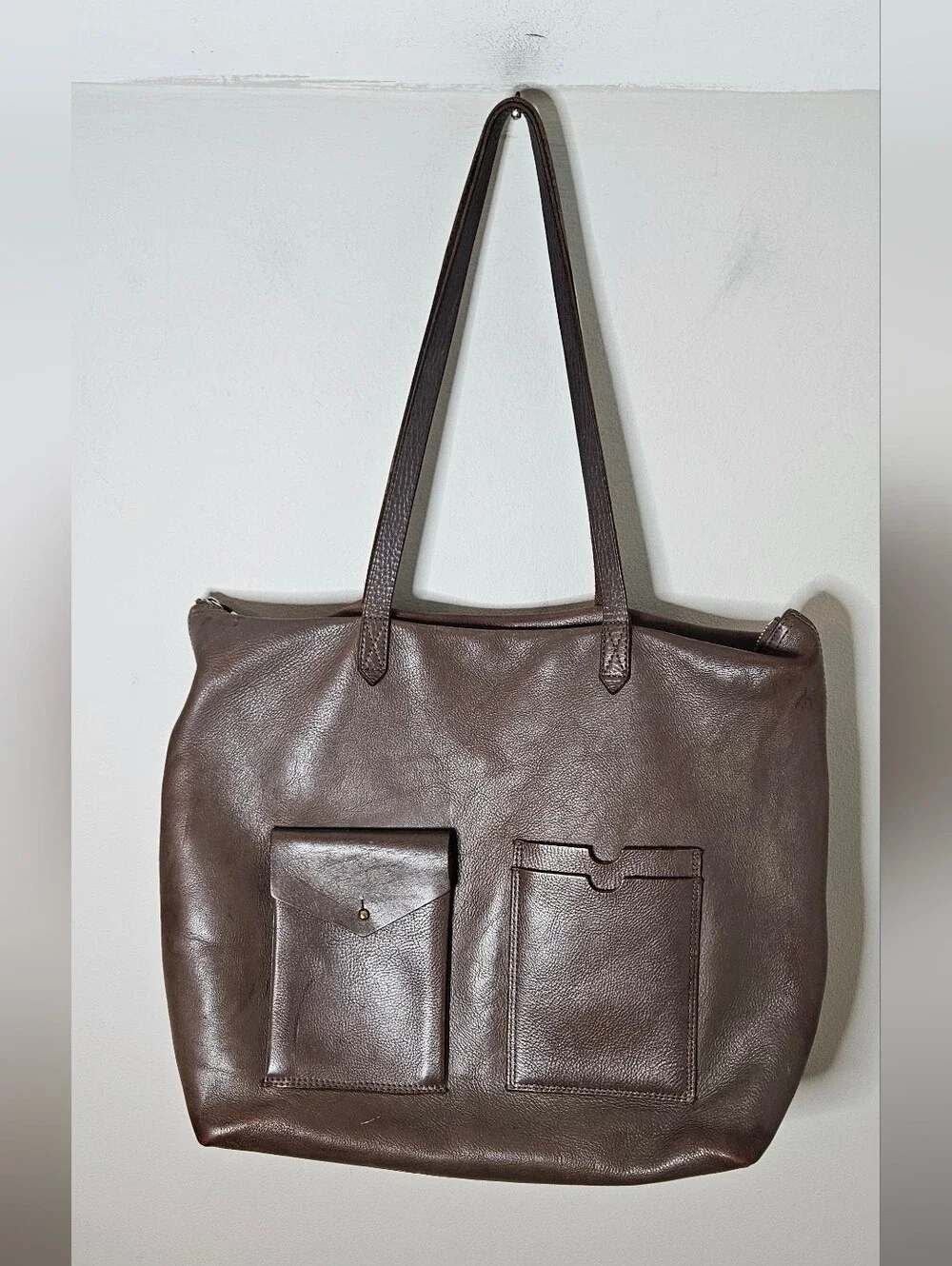 Madewell Transport Satchel Tote Brown Leather Outer Pockets Zipper Top